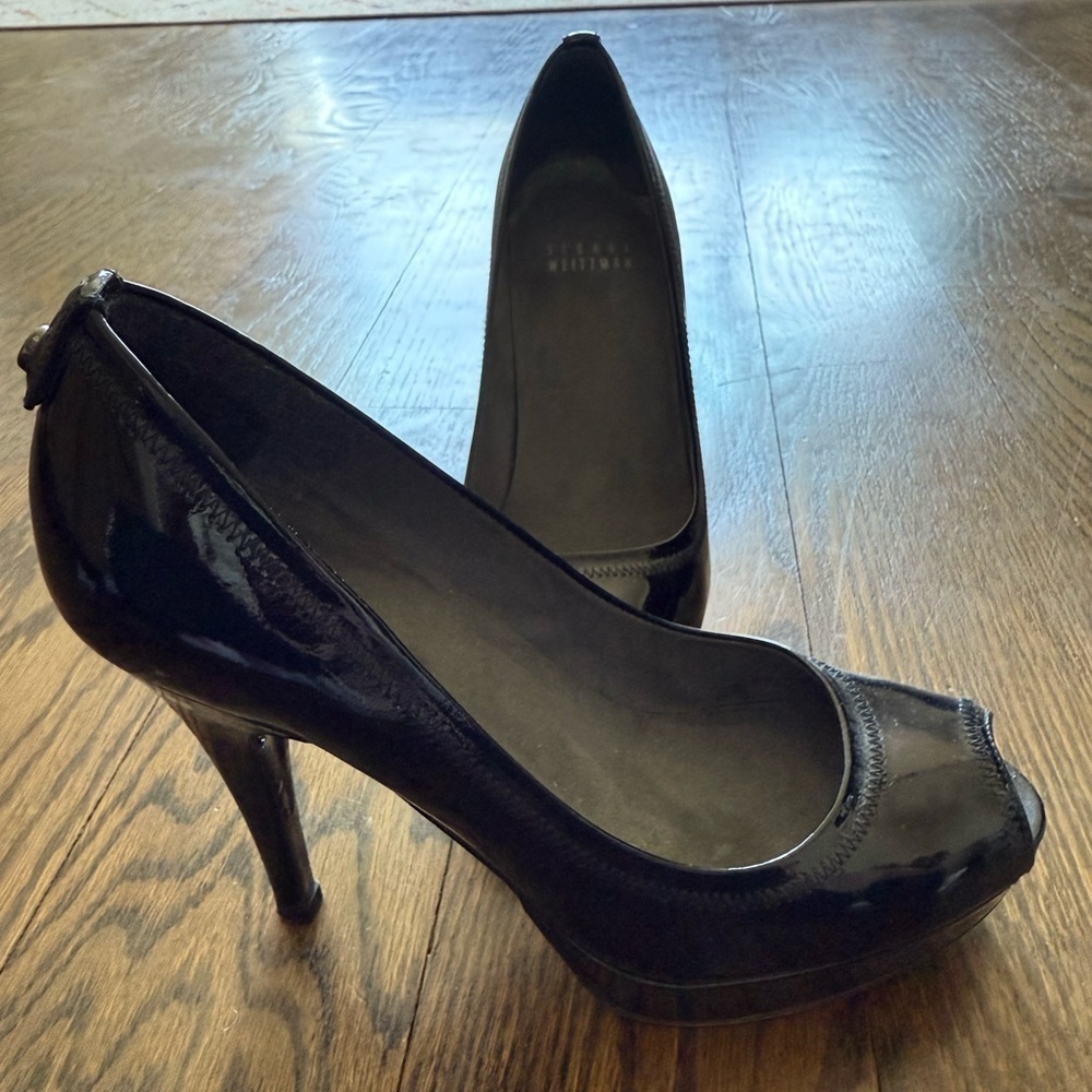 Stuart Weitzman Patent Leather Peep Toe Heels Women's Black Platform